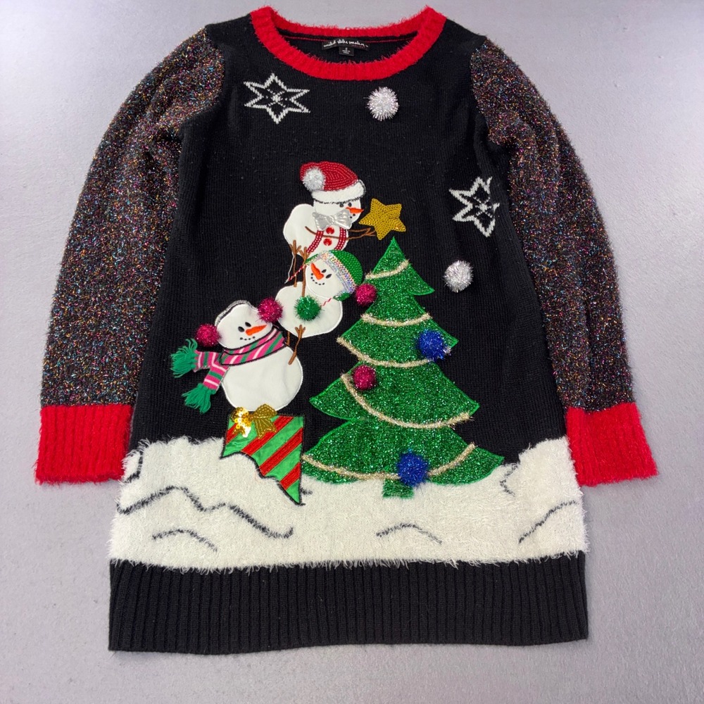 United States Sweaters Holiday Tunic Women S Black Snowman Tinsel Sleeve Graphic
